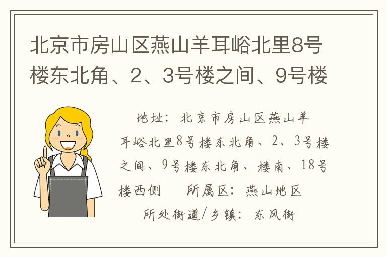 北京市房山區(qū)燕山羊耳峪北里8號樓東北角、2、3號樓之間、9號樓東北角、樓南、18號樓西側