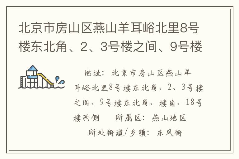 北京市房山區(qū)燕山羊耳峪北里8號樓東北角、2、3號樓之間、9號樓東北角、樓南、18號樓西側(cè)