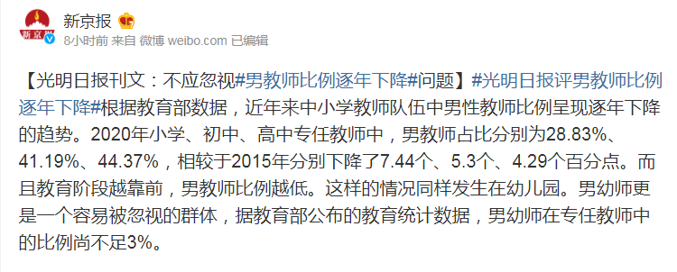 教師行業(yè)“陰盛陽衰”，男教師比例逐年下降，鐵飯碗為何不香了？
