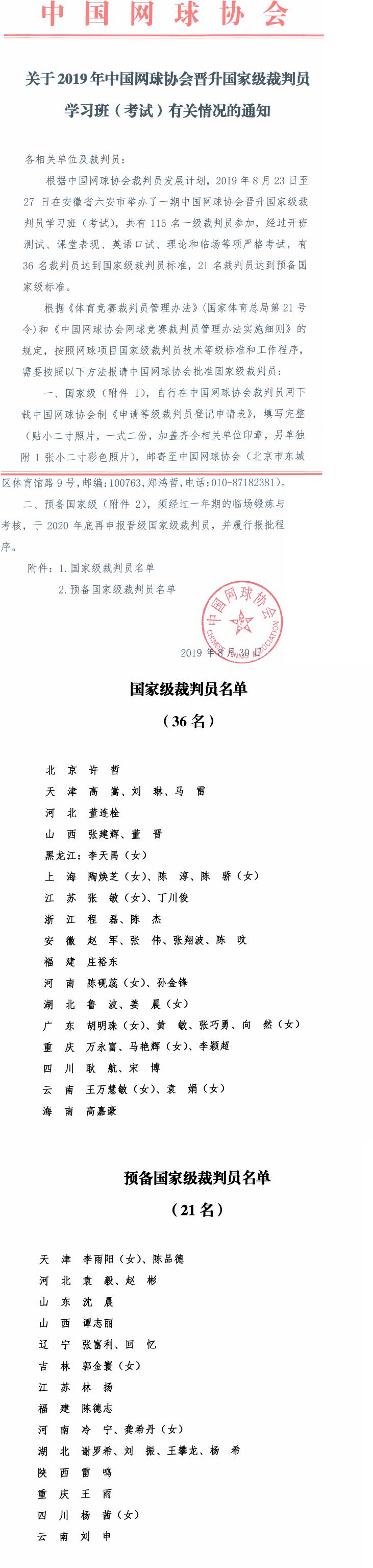 關(guān)于2019年中國網(wǎng)球協(xié)會(huì)晉升國家級(jí)裁判員學(xué)習(xí)班（考試）有關(guān)情況的通知